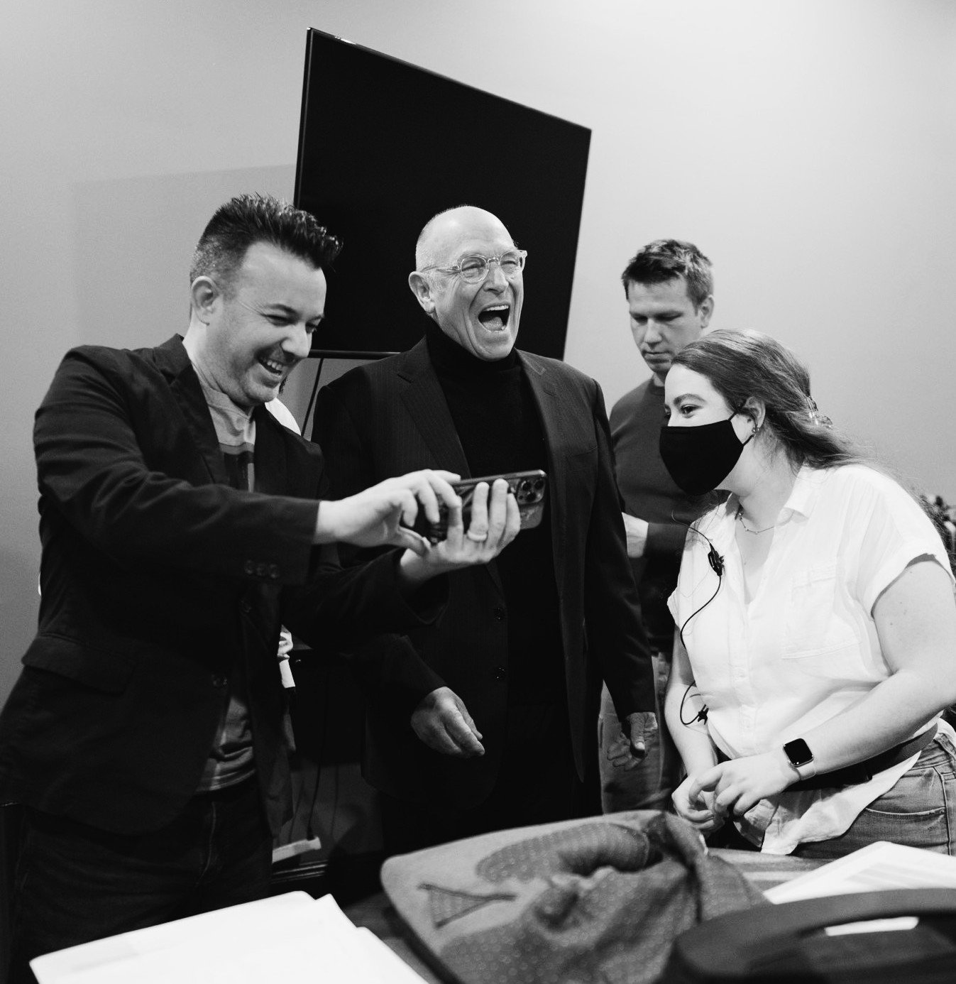 Director Ricky Borba and Corbin Bernsen having a good laugh on the set of Christmas at Keestone